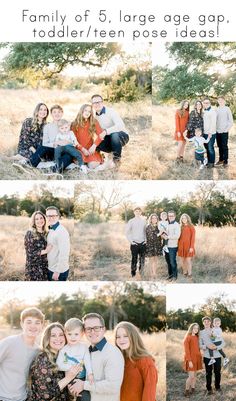 a family posing for pictures in the grass