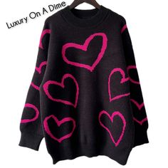 Trendy Heart Print Tops For Winter, Cute Heart Print Crew Neck Sweater, Casual Winter Sweater With Heart Print, Cute Heart Print Tops For Winter, Casual Heart Print Sweater For Winter, Cute Winter Sweater With Heart Print, Pink Knit Sweater With Heart Print, Trendy Fall Sweater With Heart Print, Cute Heart Print Winter Sweater