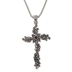 A single gemstone of precious garnet sits in the center of this carefully crafted cross exuding grace and spirituality. Balinese artisan Komang Wirawan designs this sterling silver cross pendant with delicate floral motifs traditional to Bali and hangs it on a shimmering popcorn chain. Carnelian Pendant, Sterling Silver Cross Pendant, Silver Cross Pendant, Garnet Pendant, Sterling Silver Cross, Silver Cuff Bracelet, Balinese, Floral Motifs, Silver Cross