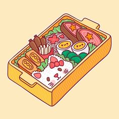 an open suitcase filled with different types of food on top of a yellow background,