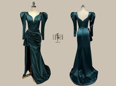 * Opulent Mermaid Silhouette * Crafted from Premium Dark Green Satin for a Rich, Glossy Finish * Deep V-Neckline for a Dramatic and Elegant Look * Puff Sleeves for a Unique and Luxurious Touch * Corset Bodice for a Flattering and Structured Fit * High Slit Skirt for a Bold and Alluring Statement * Perfect for the Woman Who Desires Extravagance and Glamour This stunning mermaid evening gown combines luxury and sophistication with its striking design. Made from high-quality dark green satin, it fe Mermaid Corset, Wedding Dress Types, Mermaid Evening Gown, Corset Bodice, Mermaid Silhouette, Green Satin, Corset Dress, Evening Gown, Puff Sleeves