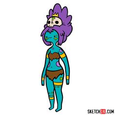 a cartoon character with purple hair and blue skin