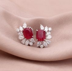 Synthetic Ruby Gemstone SI/H Diamond Stud Earrings 18k White Gold 12.55 Tcw Small Earrings Studs Diamonds, Ruby Jewelry Earrings, Gold Ruby Earrings, Expensive Jewellery, Rings Fancy, Diamond Earrings Wedding, Ruby Jewellery