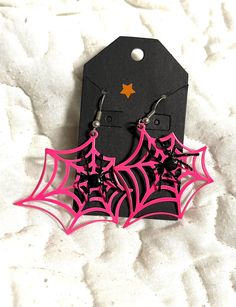 Handmade spiderweb earrings! Available in pink or black Pink Dangle Jewelry For Halloween, Trendy Pierced Earrings For Halloween, Trendy Black Halloween Earrings, Pink Halloween Party Earrings, Pink Gothic Jewelry For Halloween, Bike Chain Bracelet, Thanksgiving Clothes, Horn Earrings, Bike Chain