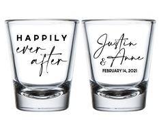 two personalized shot glasses with the names of their guests and date printed on them