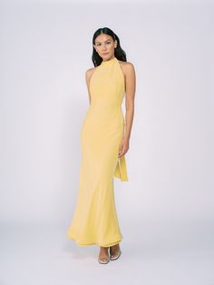 Halter Gown with tie at back of neck Center back invisible zipper closure  Fully Lined Horsehair hem   Color: Pale Yellow Content: Dress - 100% silk                Lining - 100% silk Bright Wedding, Halter Gown, Horse Hair, Pale Yellow, Dress 100, Invisible Zipper, Dress Clothes For Women, Satin Dresses, One Shoulder Formal Dress