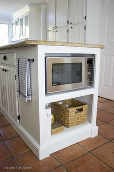 a microwave oven sitting on top of a kitchen island