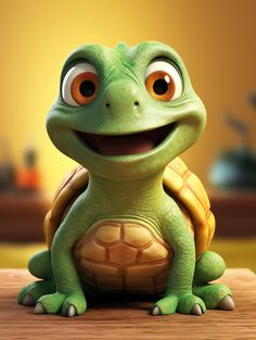 a cartoon turtle sitting on top of a wooden table with eyes wide open and smiling