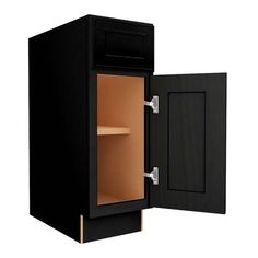 an open black cabinet with shelves on both sides and one door opened to show the inside