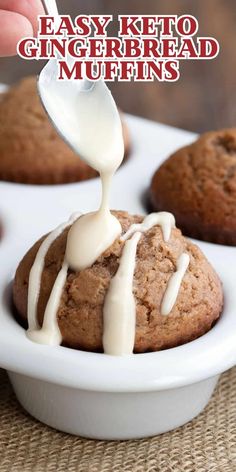 a spoon drizzling icing onto a muffin in a white bowl