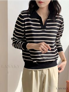 Lasaky - Womens Long Sleeve Striped V-Neck Pullover Sweater Ideal for Spring and Fall Casual Wear Trendy V-neck Polo Sweater For Winter, Trendy V-neck Polo Sweater For Fall, Striped V-neck Sweater For Fall, Casual Striped Long Sleeve Polo Sweater, Casual V-neck Polo Sweater For Spring, Winter Striped Long Sleeve V-neck Sweater, Striped Long Sleeve V-neck Sweater For Winter, Winter Striped V-neck Long Sleeve Sweater, Winter Striped V-neck Sweater With Long Sleeves