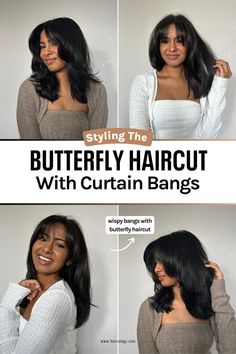 Explore the butterfly haircut trend and see if this beautiful butterfly haircut with curtain bangs requires a styling routine! In this blog post we share expert hairstylist tips on getting the perfect look for this butterfly haircut. Whether you’re looking for a quick butterfly haircut easy tutorial or need advice on if this medium length butterfly haircut with bangs will look good on your face shape, get all the insight you need to make this haircut work for your style! Bangs For Face Shape, Haircut With Curtain Bangs