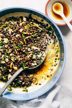 a bowl filled with beans and other food