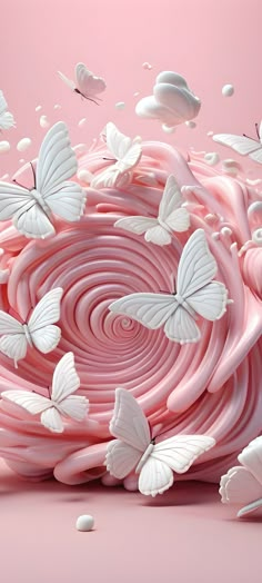 many white butterflies flying in the air over pink swirls and bubbles on a pink background