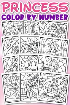 princesses color by number book with pictures of the princesses and their names on it