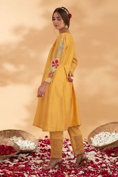 Yellow straight kurta with side kalis and placement floral embroidery. Paired with a pant with embroidered hem and dupatta. - Aza Fashions Unstitched Kurta With Embroidered Sleeves For Navratri, Cotton Anarkali Sets With Embroidered Sleeves, Fitted Palazzo Set With Embroidered Sleeves, Festival Salwar Kameez With Embroidered Sleeves, Traditional Palazzo Set With Embroidered Sleeves, Navratri Straight Kurta Sets With Embroidered Sleeves, Traditional Embroidered Kurta For Navratri, Traditional Navratri Kurta With Embroidered Sleeves, Designer Wear Sets With Embroidered Sleeves For Navratri