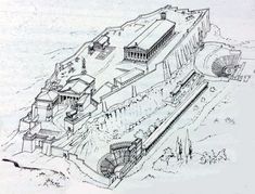 a drawing of an ancient building in the desert