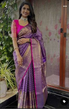 Shalini Kandukuri, Purple Silk Saree, Pink Blouse Designs, Designer Bridal Lehenga Choli, Purple Saree, Pink Border