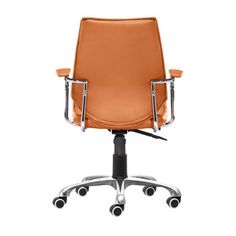 an orange office chair with wheels on the back and seat upholstered in chrome