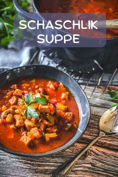 a bowl of chicken and vegetable soup on a wooden table with the title above it