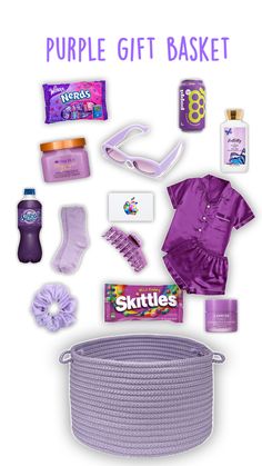 the purple gift basket is filled with items for girls to have in their purses