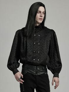 1. Made of non-stretch woven jacquard fabric with a unique moon pattern.  2. Elegant double breasted design, noble court Gothic style.  3. Gentleman lantern sleeve design.  4. Fit shirt design.  The price is for a top only, others are not included.   	 		 			Garment Size 			S 			M 			L 			XL 			2XL 			3XL 			4XL 			5XL 		 		 			Full Length 			74 			75 			76 			77 			78 			79 			80 			81 		 		 			Bust 			111 			116 			121 			126 			131 			136 			141 			146 		 		 			Waist 			105 			110 			115 			120 			125 			130 			135 			140 		 		 			Shoulders 			40.5 			42 			43.5 			45 			46.5 			48 			49.5 			51 		 		 			Sleeve Length 			70 			71 			72 			73 			74 			74 			75 			75 		 		 			Cuff 			25 			26 			27 			28 			29 			30 			31 			32 		 		 			Hem 			109 			114 			119 			124 			129 			134 			139