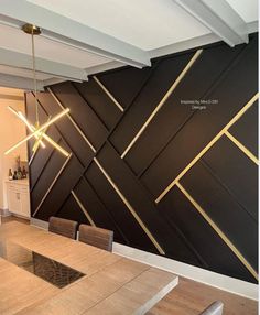 a modern dining room with black and gold wallpaper