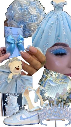 a collage of blue and white items including a teddy bear, tiara, dress, shoes, and veil