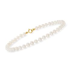 4-4.5mm Cultured Pearl Bracelet with 14kt Yellow Gold | Ross-Simons Classic Gold Bracelet With Pearl Charm, Classic Everyday Single Strand Pearl Bracelet, Classic Single Strand Pearl Bracelet For Everyday, Classic Everyday Pearl Bracelet With Pearl Charm, Timeless Bracelet, Real Pearl Bracelet, Cultured Pearl Bracelet, Pearl Birthstone, White Pearl Bracelet