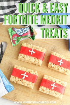 four rice krispy treats with the words quick and easy fortte medki treats