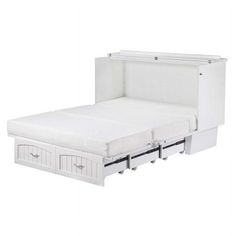 a white bed with two drawers and a pull out headboard on the bottom side