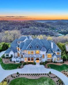 an aerial view of a large house with lots of trees and grass in the foreground