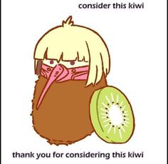 a drawing of a girl holding a kiwi