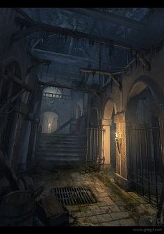 a creepy looking room with stairs and an iron gate in the center is dimly lit