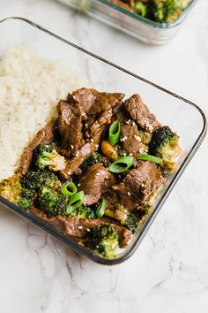 a glass dish filled with beef and broccoli next to white rice on a marble counter