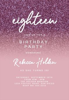 a pink and purple ombreed birthday party card with the words eighteen on it