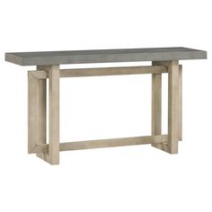 a wooden table with a concrete top and two legs on the bottom, against a white background