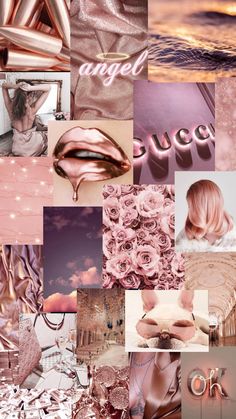 a collage of pink and gold images