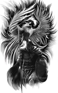 a black and white drawing of an eagle holding a spear with wings on it's back