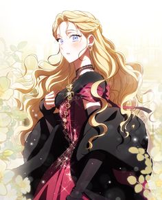 a blonde haired woman with long hair wearing a black coat and pink dress standing in front of flowers