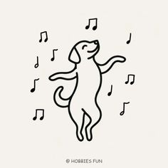 a black and white drawing of a dog dancing with musical notes in the back ground