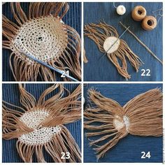 four pictures showing the steps to make a woven wall hanging