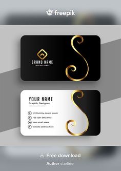 two business cards with gold swirls on the front and back, both in black and white