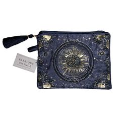 Fabrique Eninde Metallic Beaded Celestial Cosmetic Bag | Pouch Gorgeous Bag Can Be Used As A Cosmetic Bag, Pencil Pouch, Accessory Bag, Small Lingerie Bag Or Clutch. This Beautifully Beaded Navy Blue Velvet Bag Has Gold Foil Celestial/Sun Motif. It Has A Small Tab So You Can Place On Your Belt Or Add A Hook To Attach To Another Bag. Fully Lined Zipper Closure Viscose/Cotton Blend Tassel Detail Made In India New With Tags Approx Measurements: 8” X 6” Metallic Gold Lame Makeup Travel Sparkly Boho Blue Beaded Clutch For Gift, Blue Embroidered Rectangular Pouch, Blue Bohemian Pouch Clutch, Embellished Pouch As A Gift, Stars Universe, Clinique Cosmetics, Sun Motif, Ulta Makeup, Chanel Crossbody