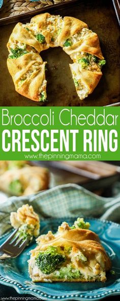 broccoli cheddar crescent ring on a blue plate with a fork in it