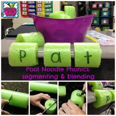 the instructions for how to use neon green sponges in crafts and projects, including pool noodle phonics