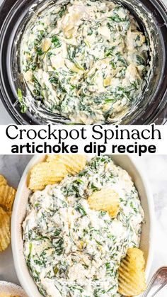 crockpot spinach artichoke dip recipe with tortilla chips in it