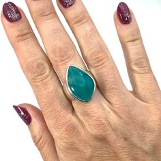 Woman’s hand with green and purple nails wearing Peru Amazonite Ring Size 8 Protective Crystals, Raising Consciousness, Amazonite Ring, Creative Genius, Creative Block, Healing Jewelry, Mental Clarity, Stunning Jewellery, Most Powerful