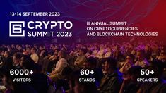 a crowd of people sitting in front of a screen with the words crypt summit and blockchain technologies