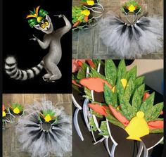 several pictures of different things made to look like flowers and plants, including a racoon